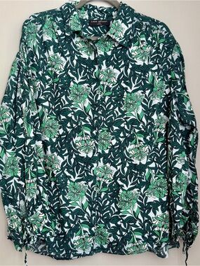 Lane Bryant Dark Green and White Floral Button-Down Shirt